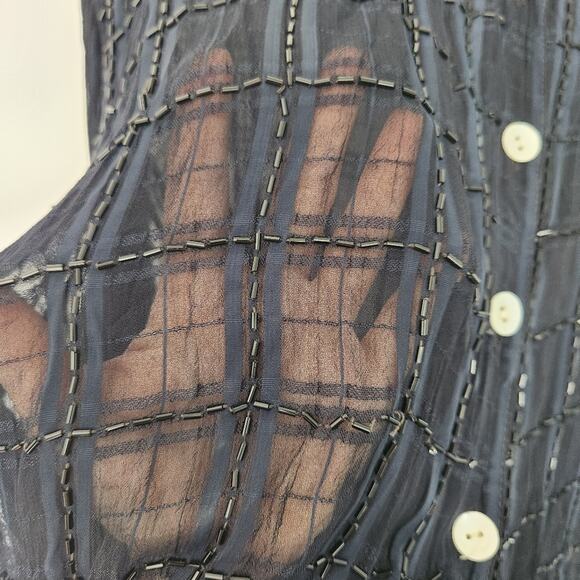 Agapo Collection Vintage Beaded Sheer Button Down Shirt Blouse Navy Retro Artsy - Picture 4 of 8